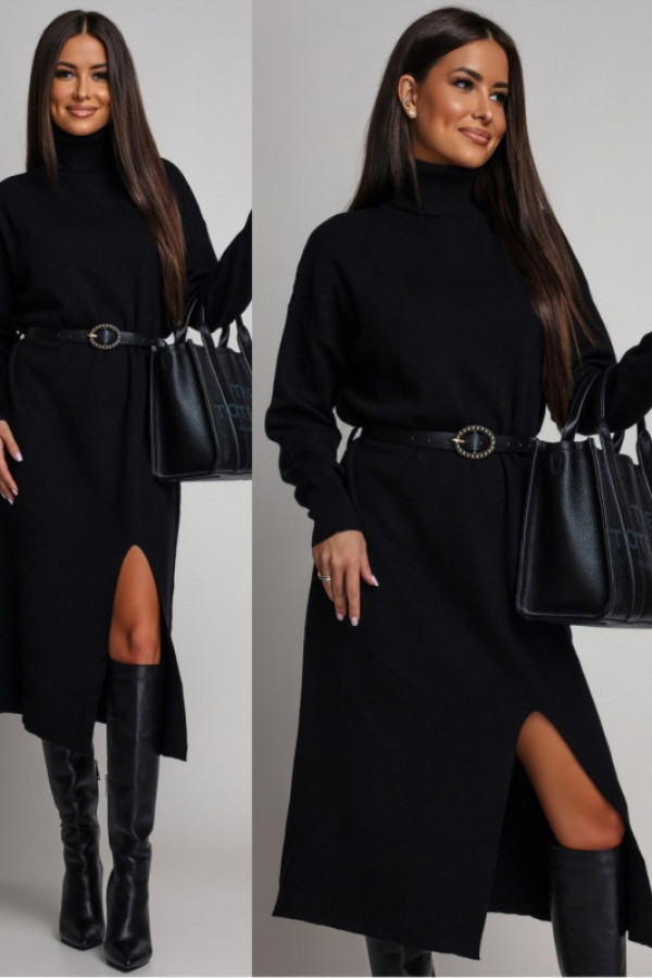 Dzianinowa sukienka midi z paskiem smilenna czarna