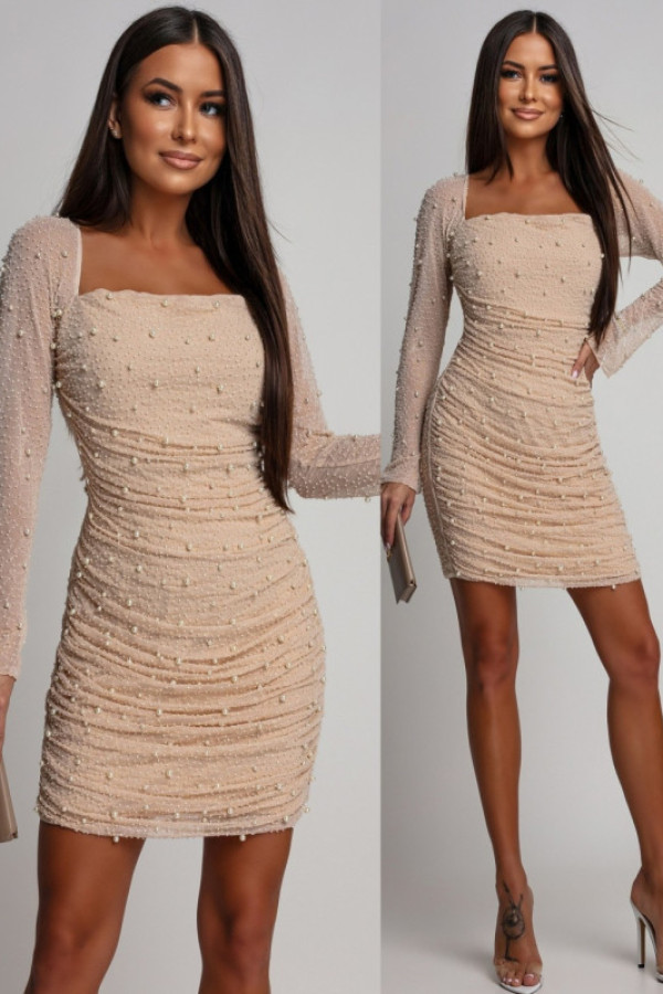 Elegancka sukienka mini ze zdobieniem lorisse beżowa