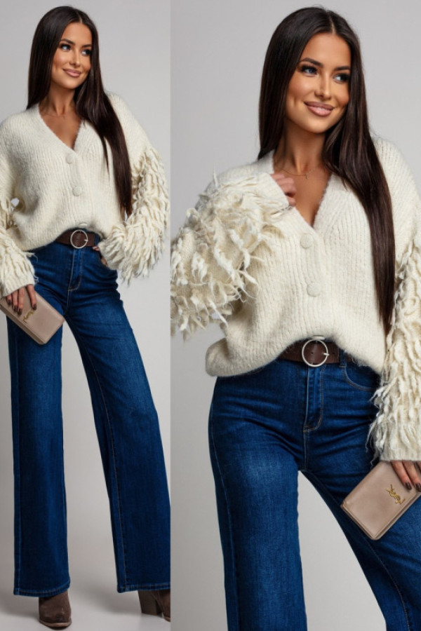 Wełniany kardigan ze zdobieniem dredio kremowy