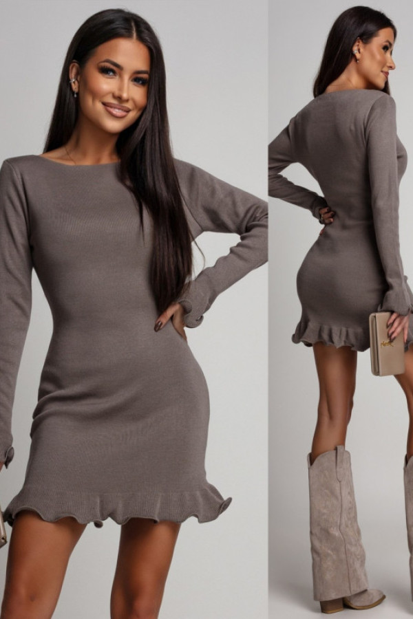 Dzianinowa sukienka mini z falbaną almiria mokka