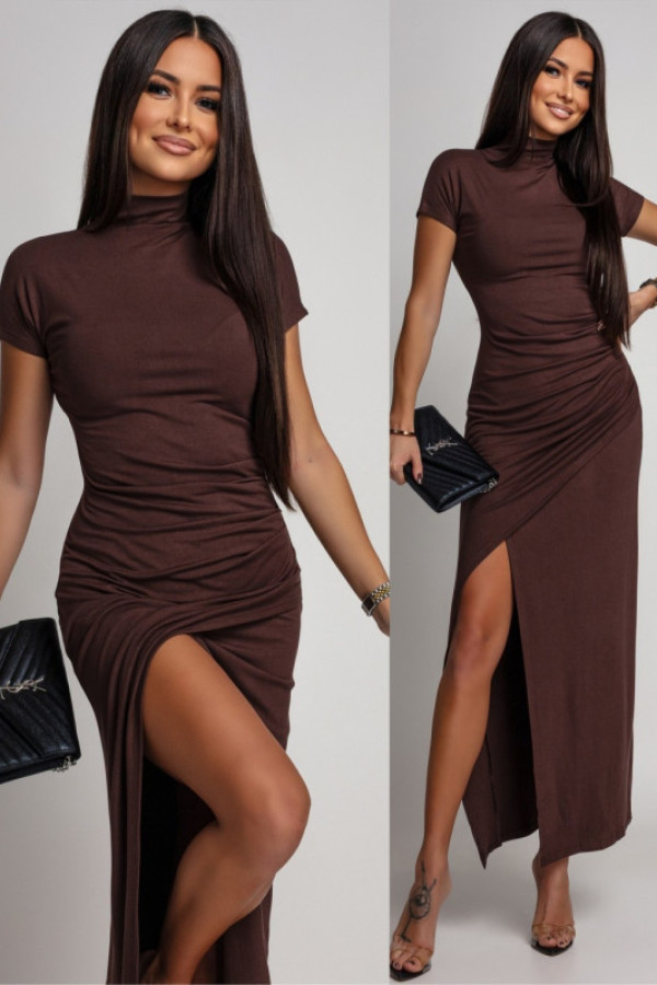 Bawełniana sukienka maxi z marszczeniem semantia brązowa