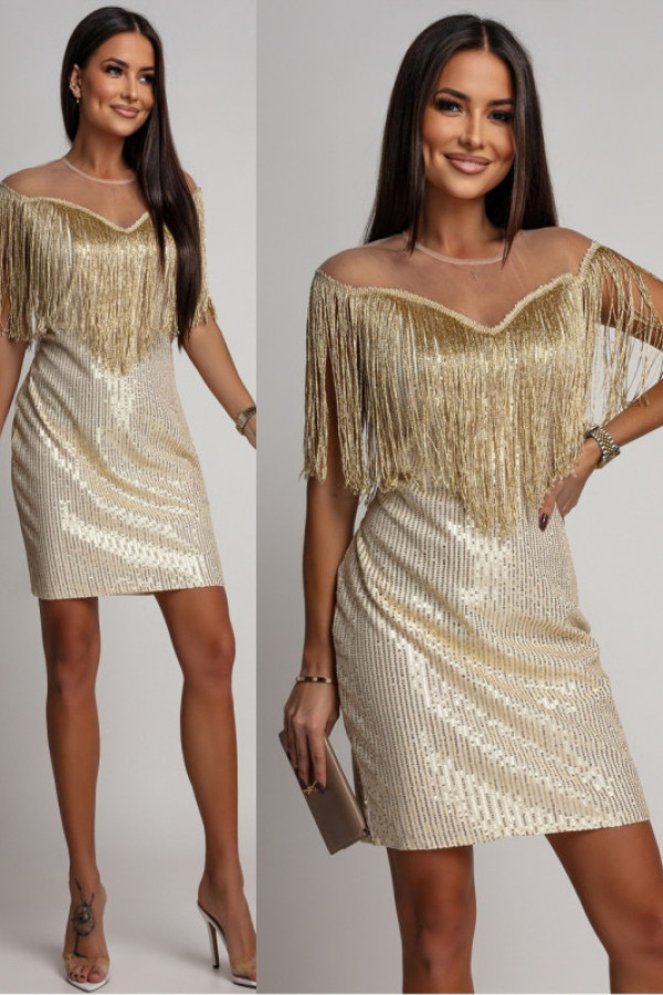 Cekinowa sukienka mini z frędzlami elemorya złota