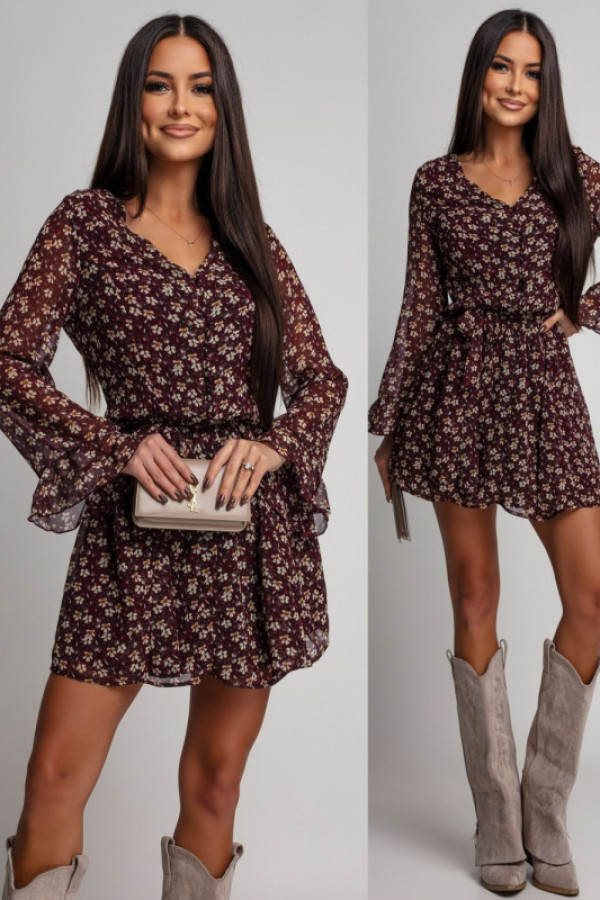 Zwiewna sukienka mini z paskiem amirelia w kwiaty bordowa