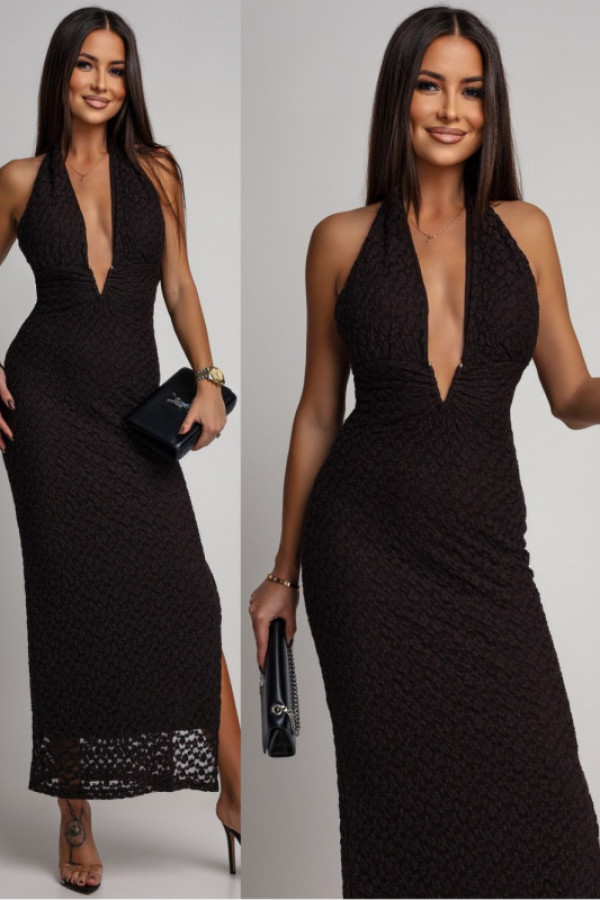 Koronkowa sukienka maxi z wiązaniem na szyi vendetia brązowa