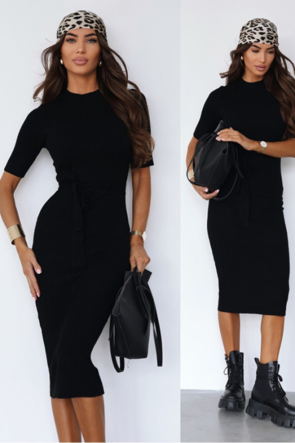 Dzianinowa sukienka midi z wiązaniem ghallia czarna