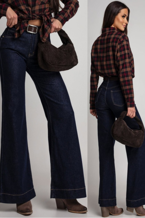 Spodnie jeansowe wide leg z paskiem morttie granatowe