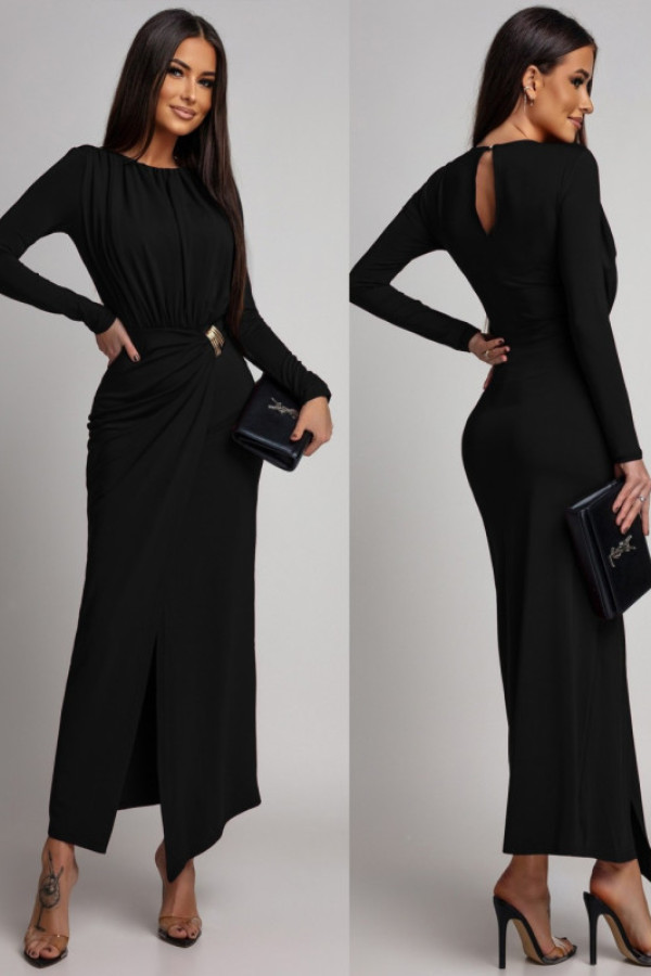 Elegancka sukienka maxi z biżuteryjnym zdobieniem nerossia czarna