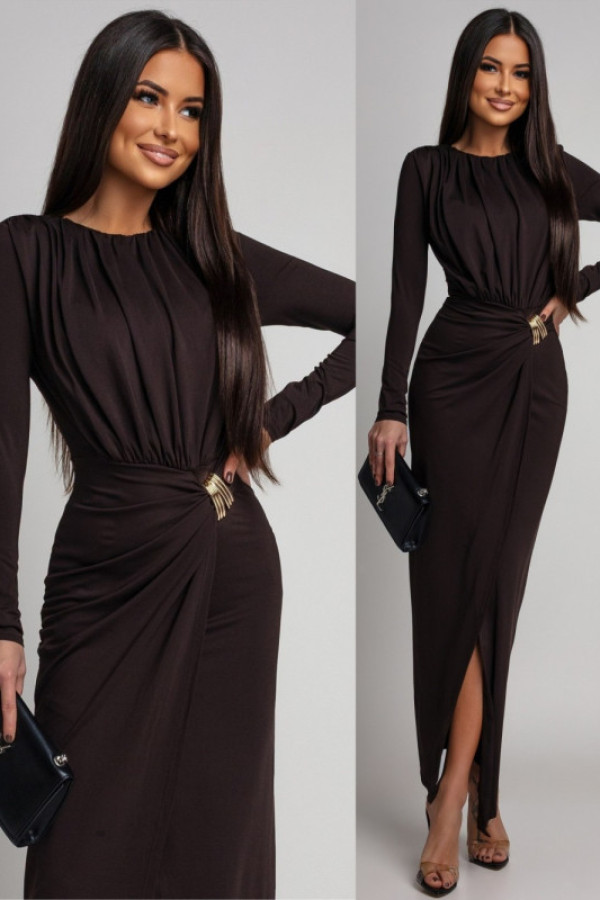 Elegancka sukienka maxi z biżuteryjnym zdobieniem nerossia brązowa