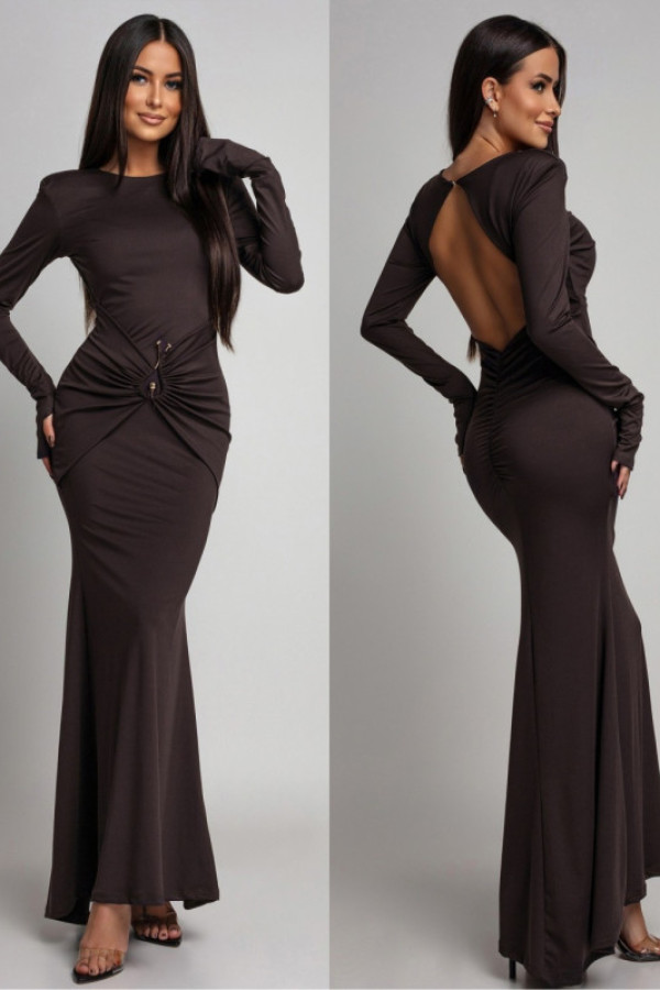 Elegancka sukienka maxi z biżuteryjnym zdobieniem boenna brązowa