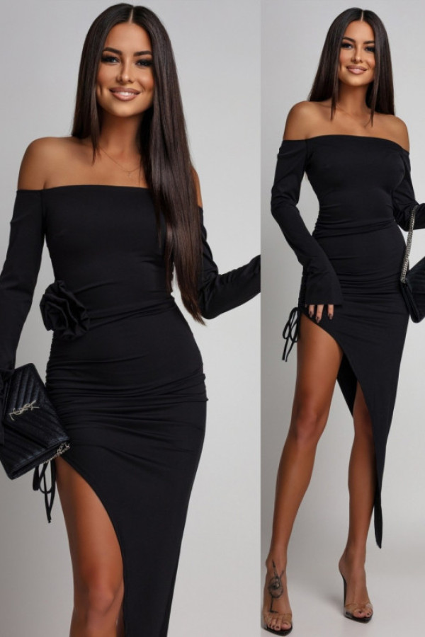 Asymteryczna sukienka hiszpanka z broszką calistia czarna