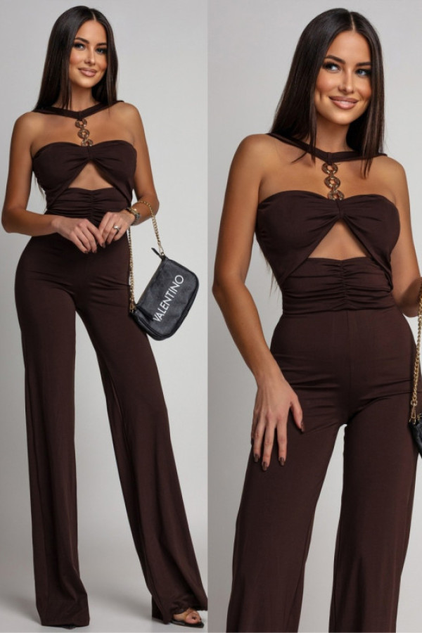 Elegancki kombinezon z biżuteryjnym zdobieniem seladia brązowy
