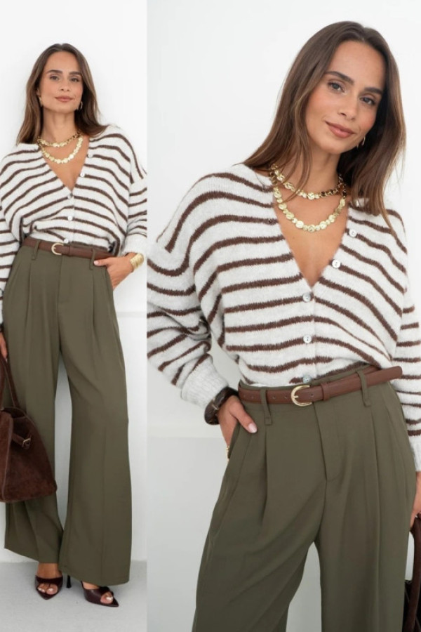 Wełniany kardigan w paski beannie kremowy