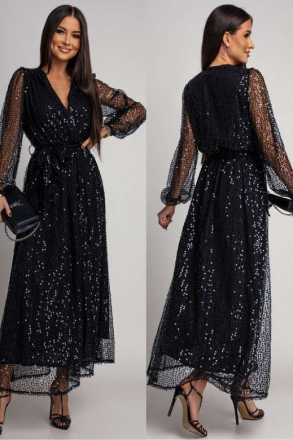 Cekinowa sukienka maxi z paskiem megiana czarna