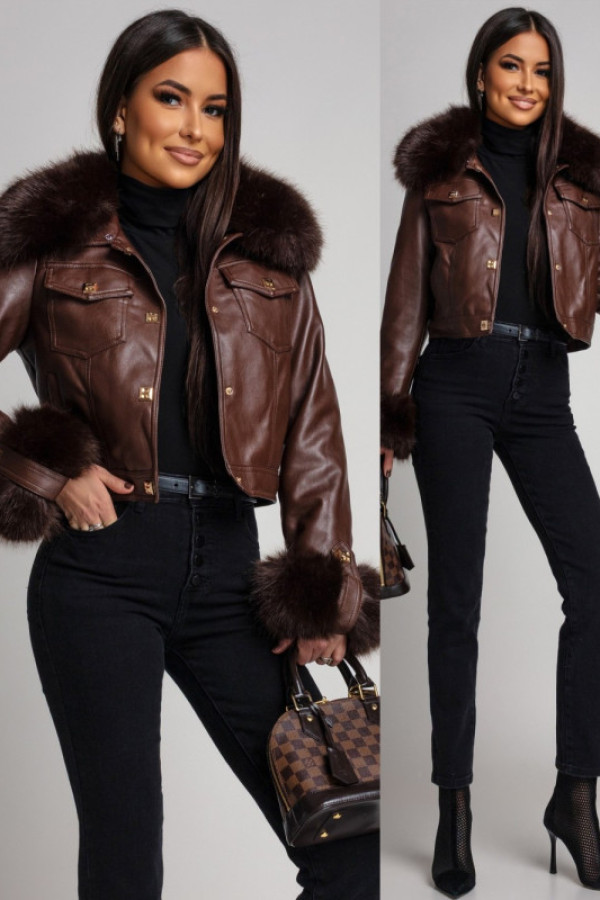 Kurtka z eko skóry z odpinanym futrem bailara brązowa