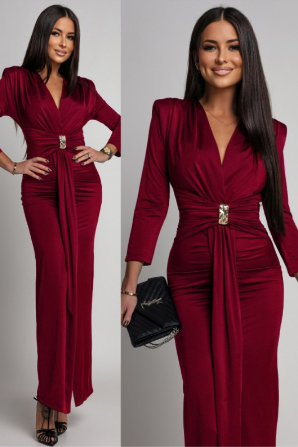 Elegancka sukienka maxi z biżuteryjnym zdobieniem melavia bordowa