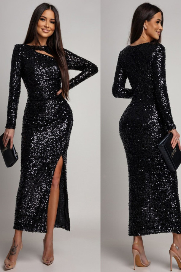 Cekinowa sukienka maxi z wycięciem parisiana czarna