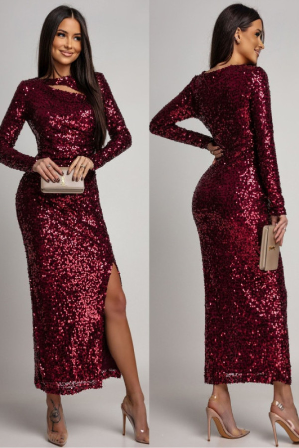 Cekinowa sukienka maxi z wycięciem parisiana bordowa
