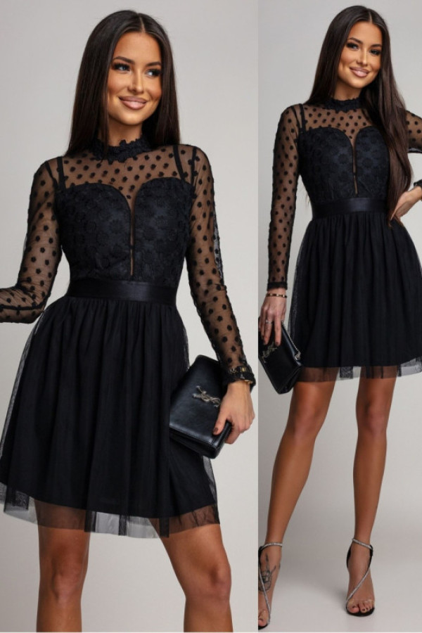 Tiulowa sukienka z haftem galvina czarna