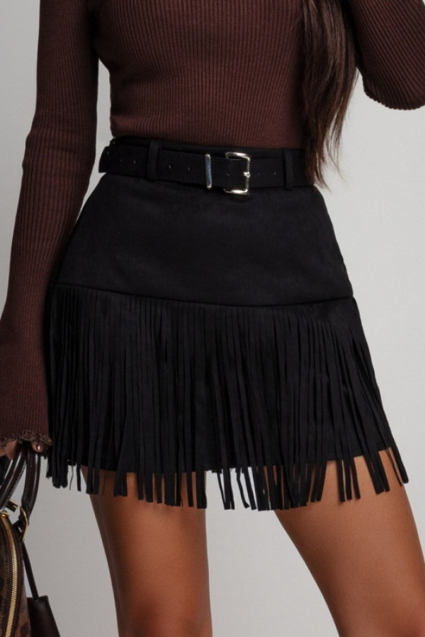 Zamszowa spódnica z frędzlami i paskiem carmeno czarna