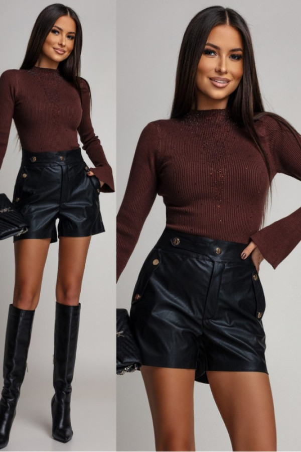 Prążkowana bluzka z cyrkoniami eliante brązowa