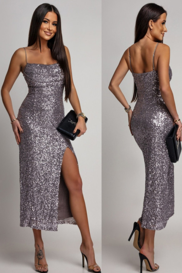 Cekinowa sukienka midi z rozcięciem laverine srebrna