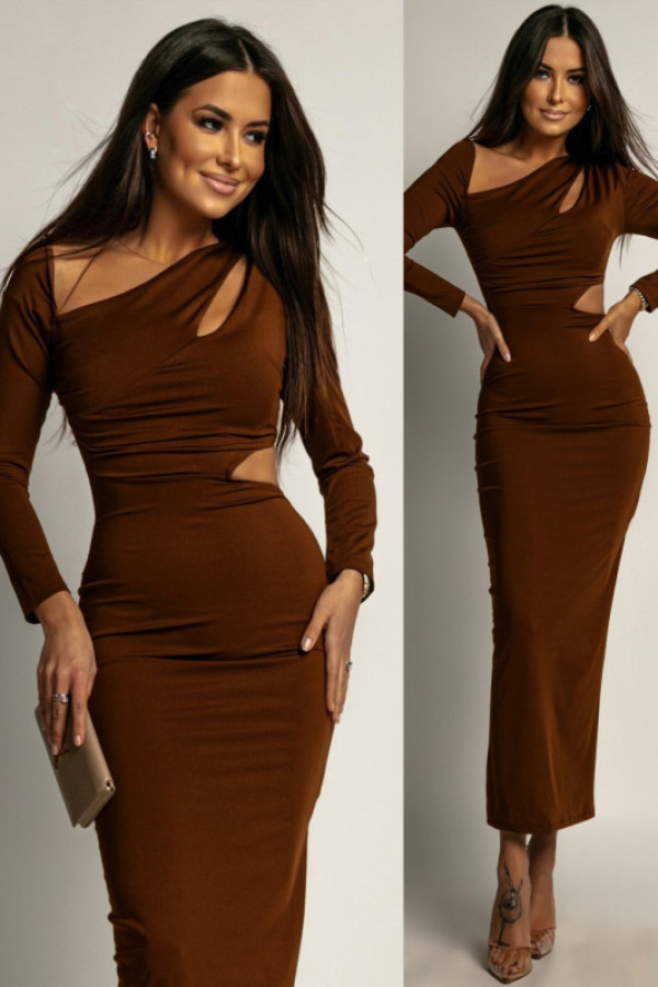 Dopasowana sukienka maxi lasli camelowa