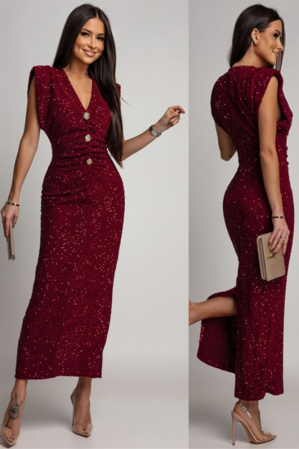 Cekinowa sukienka maxi z marszczeniem roscatia iv bordowa