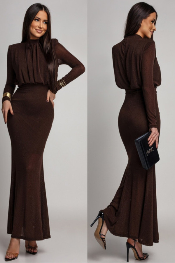 Elegancka sukienka maxi z cyrkoniami silviana brązowa