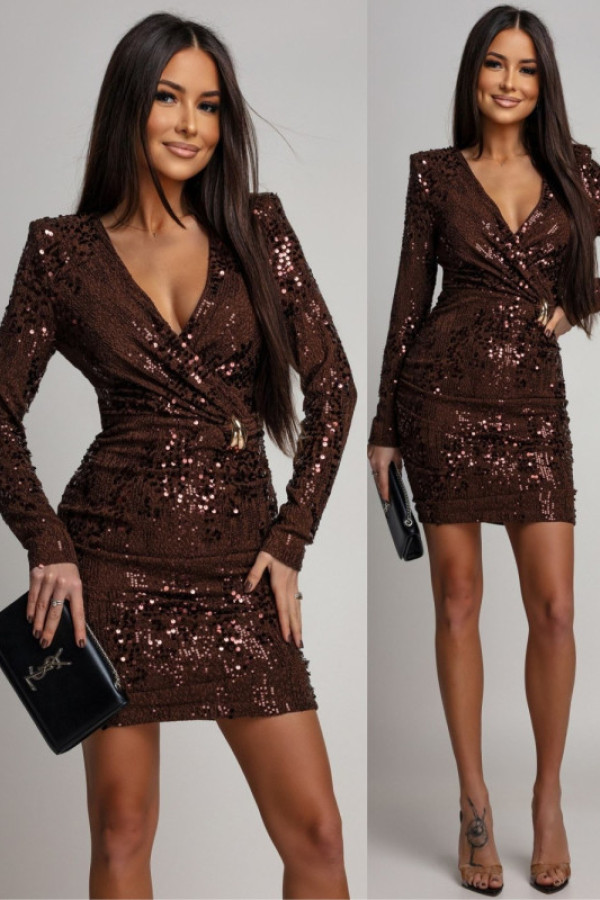 Drapowana sukienka mini z cekinami i biżuteryjnym zdobieniem soliana brązowa