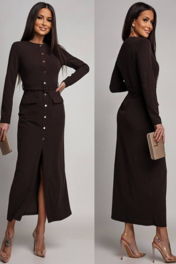 Dopasowana sukienka szmizjerka maxi z paskiem valmeria brązowa