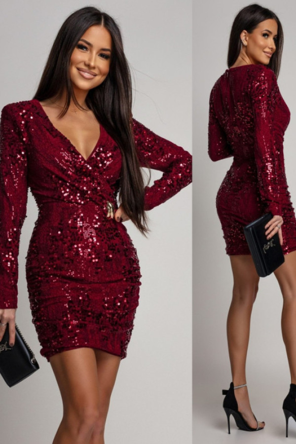 Drapowana sukienka mini z cekinami i biżuteryjnym zdobieniem soliana bordowa