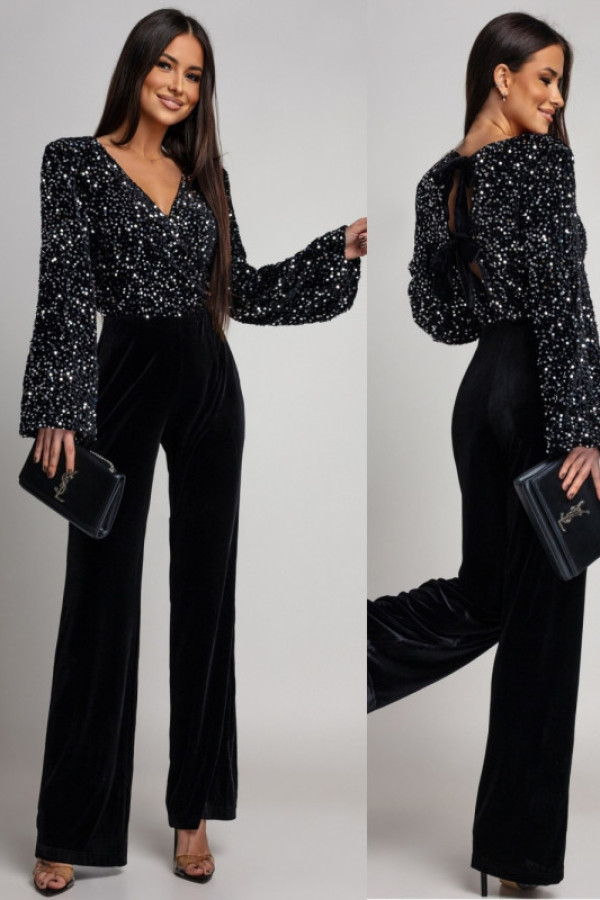 Welurowy kombinezon maxi z cekinami laurente czarno/srebrny