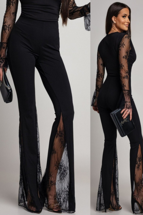 Eleganckie spodnie dzwony z koronką liravene czarne