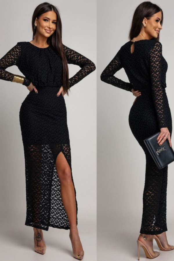 Koronkowa sukienka maxi z rozcięciem lamareta czarna