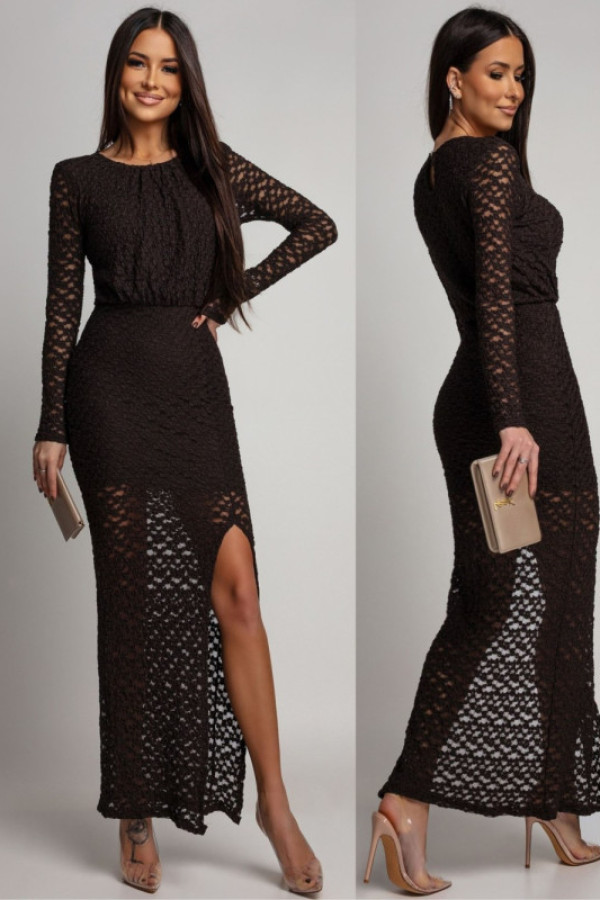 Koronkowa sukienka maxi z rozcięciem lamareta brązowa