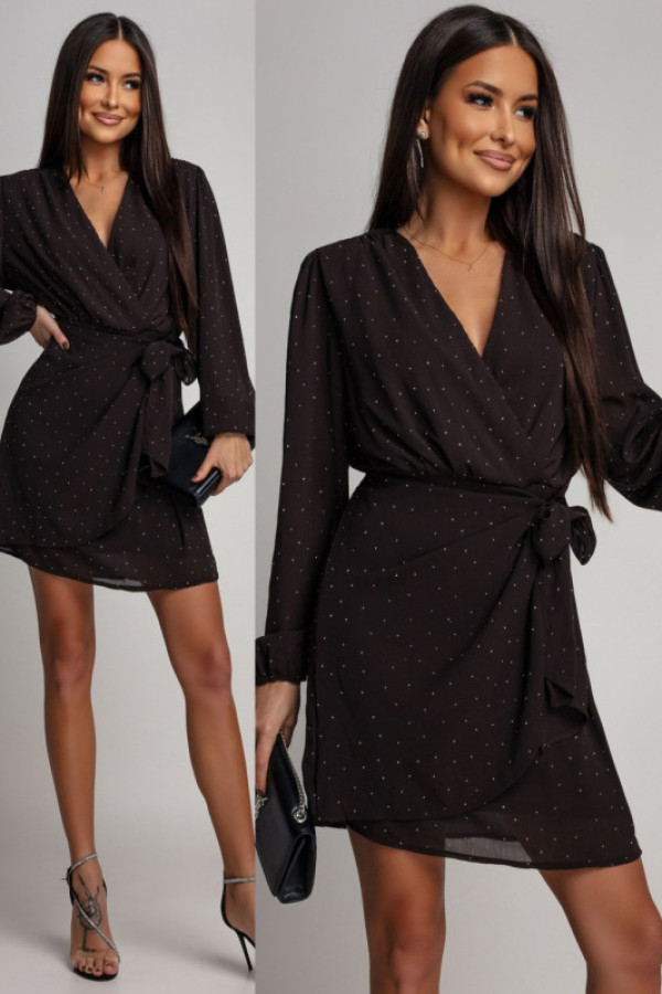 Elegancka sukienka mini z wiązaniem i cyrkoniami riviante iii brązowa