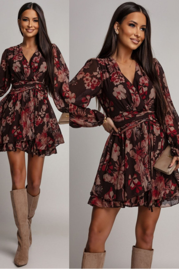 Zwiewna sukienka mini w kwiaty z marszczeniem sefellia brązowa