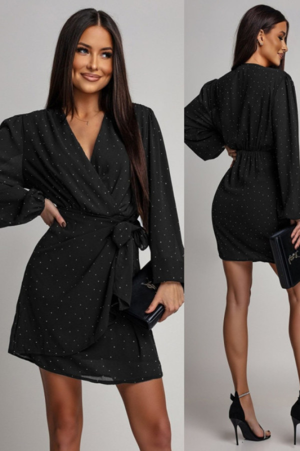 Elegancka sukienka mini z wiązaniem i cyrkoniami riviante iii czarna