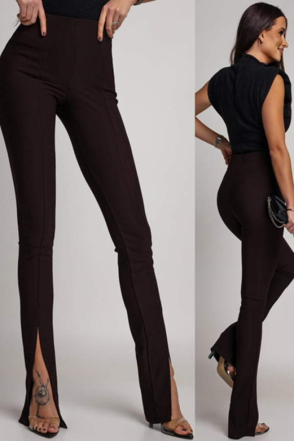 Eleganckie spodnie z rozcięciem madrite brązowe