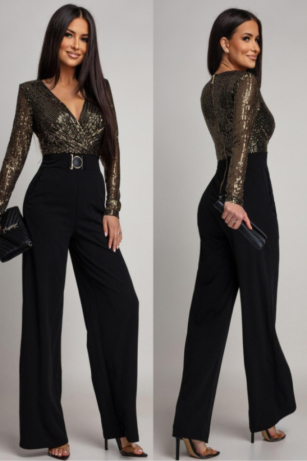 Elegancki kombinezon maxi z cekinami demanic czarno/złoty