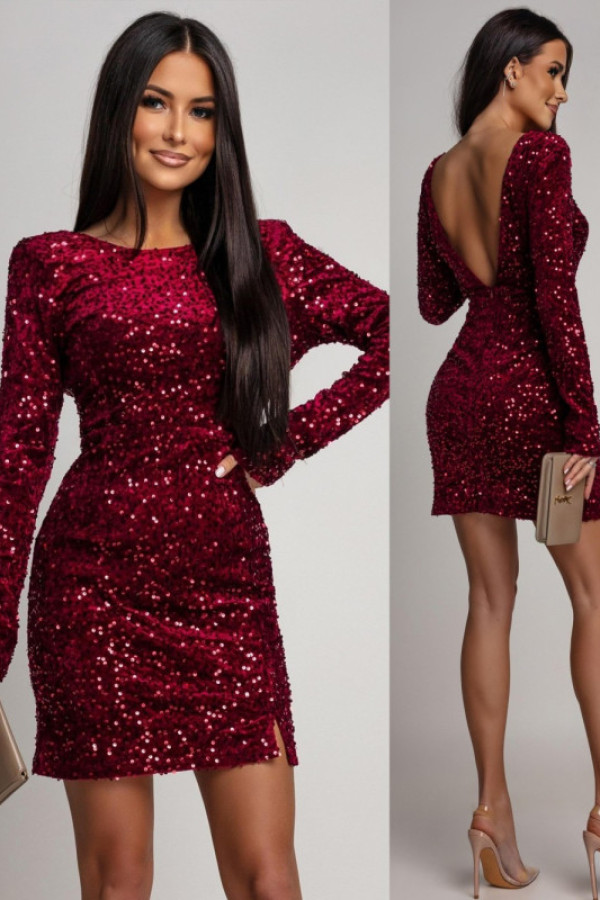 Cekinowa sukienka mini z wycięciem na plecach vicca bordowa