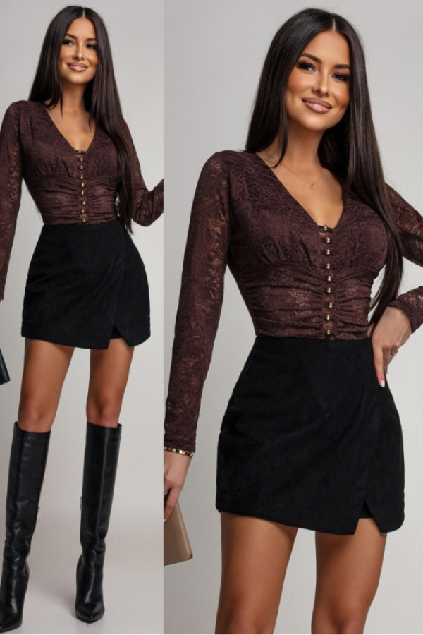 Koronkowe body z marszczeniem romantio brązowe