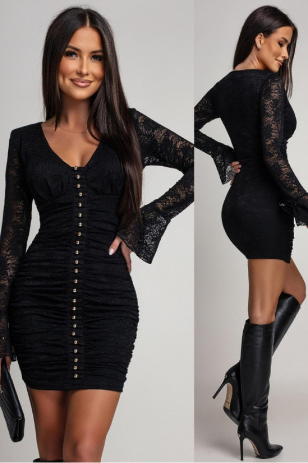 Koronkowa sukienka mini z marszczeniem romantio czarna