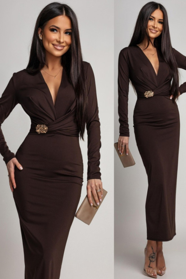 Elegancka sukienka maxi z biżuteryjnym zdobieniem elvirie brązowa