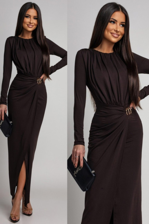 Elegancka sukienka maxi z biżuteryjnym zdobieniem nerossia ii brązowa