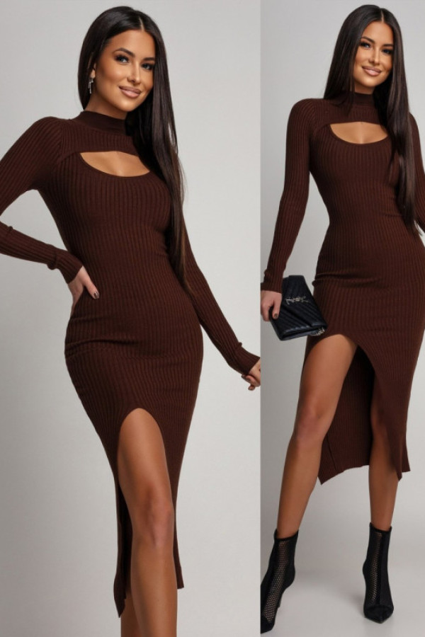 Dzianinowa sukieka midi z wycięciem marshelia brązowa