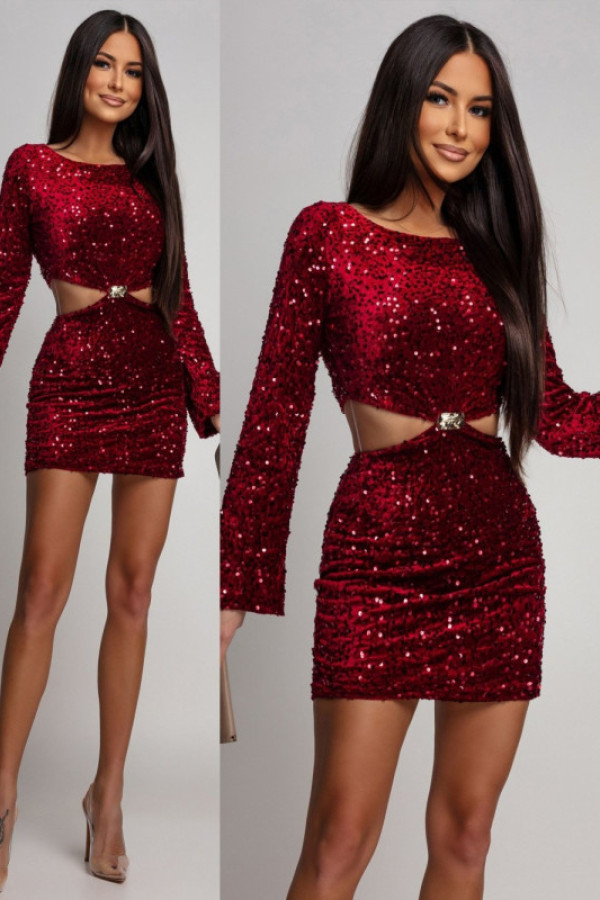 Cekinowa sukienka mini z wycięciem maginne bordowa