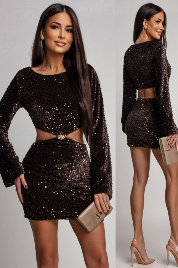 Cekinowa sukienka mini z wycięciem maginne brązowa