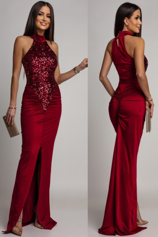 Elegancka sukienka maxi z cekinami alicie bordowa