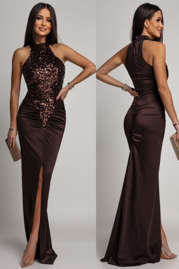 Elegancka sukienka maxi z cekinami alicie brązowa
